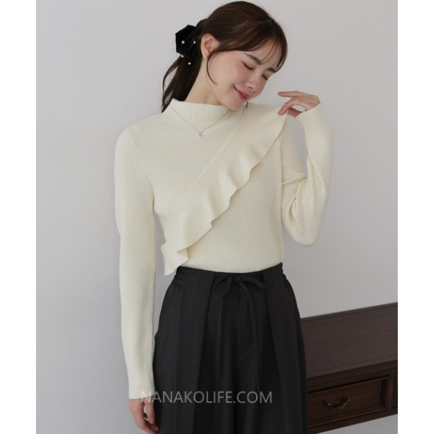 甜蜜斜荷葉高領針織上衣 3色