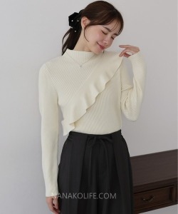 甜蜜斜荷葉高領針織上衣 3色