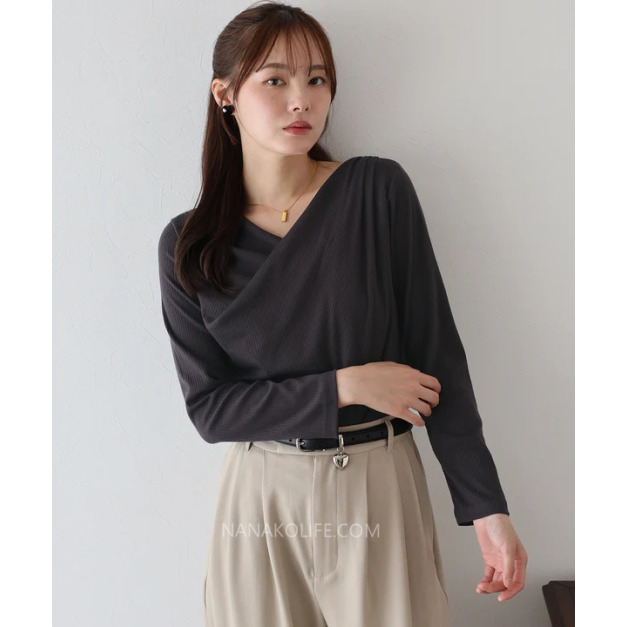 柔霧斜褶領質感羅紋上衣 3色