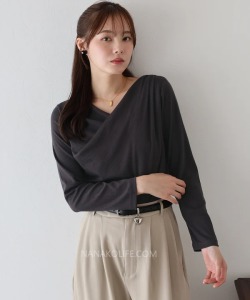 柔霧斜褶領質感羅紋上衣 3色