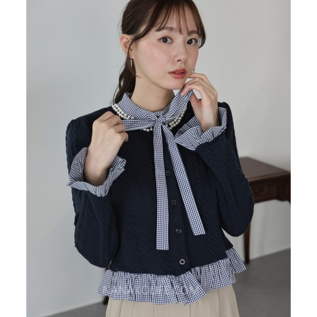 珍珠領格紋蝴蝶結拼接針織上衣套 3色