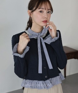 珍珠領格紋蝴蝶結拼接針織上衣套 3色