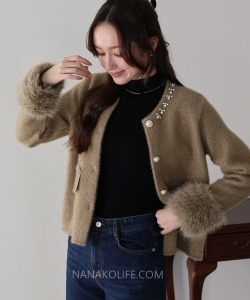 珍珠領袖口毛毛裝飾柔軟外套 3色