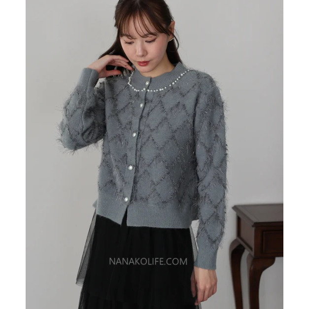 珍珠領微毛絨菱格短版開襟外套 2色