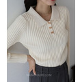 蝴蝶釦羅紋襯領針織上衣 4色_5