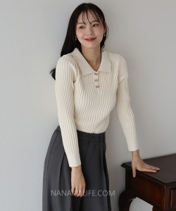 蝴蝶釦羅紋襯領針織上衣  4色