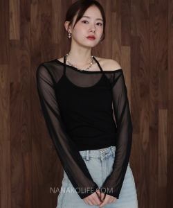 溫柔小性感不對稱紗感上衣  2色