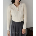 蝴蝶釦羅紋襯領針織上衣 4色_3