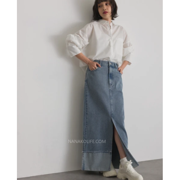 雙層反折下擺開衩牛仔長裙 4色