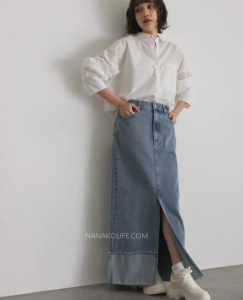 雙層反折下擺開衩牛仔長裙 4色