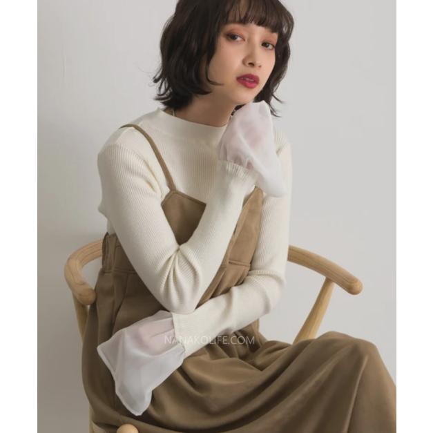 拼接雪紡袖針織上衣 3色