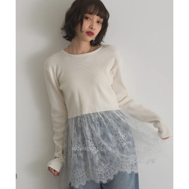 蕾絲拼接長袖針織上衣 2色