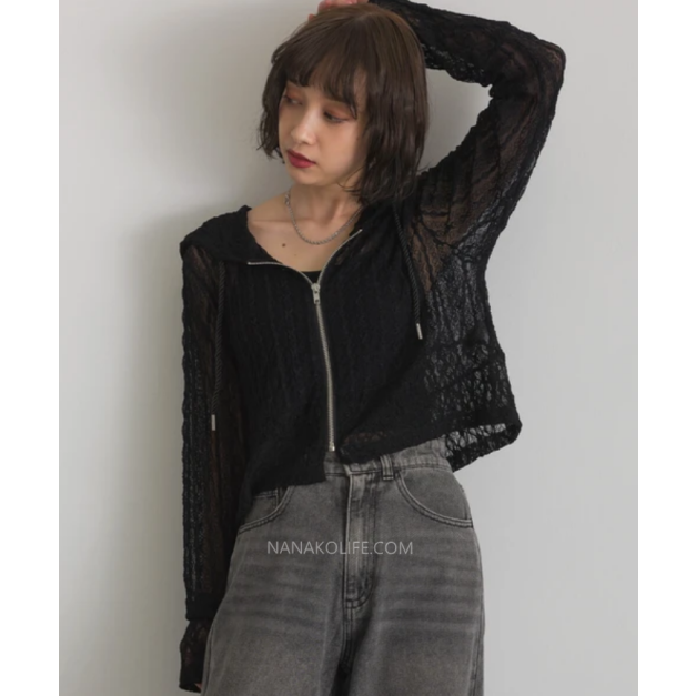 輕透感蕾絲連帽拉鍊外套 2色