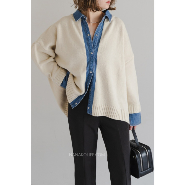 丹寧假兩件拼接針織上衣