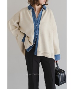 丹寧假兩件拼接針織上衣