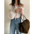 新品必買｜露肩蕾絲拼接棉感上衣_7
