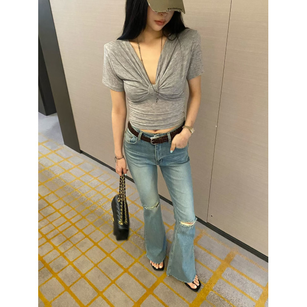 新品｜甜甜蝴蝶結大深V領扭結抓皺顯瘦短袖T4色