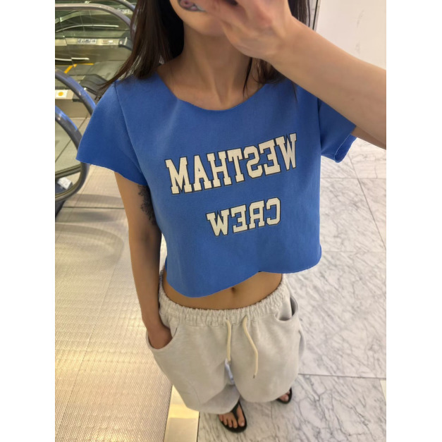 新品｜英文字母印花大寬領落肩短版短袖T恤 3色