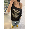 新品｜慵懶感．個性字母印花寬鬆落肩露肩短袖T恤3色