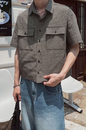 cropped boxy泡泡紗小格紋襯衫