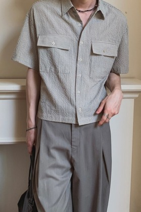 cropped boxy泡泡紗小格紋襯衫