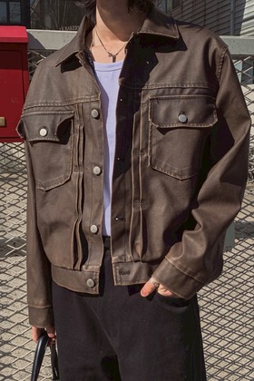 水洗仿舊擦色疊層結構皮革夾克