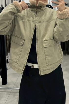 水洗帆布羊羔毛絨領機車工裝夾克