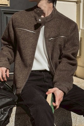 羊毛絨拉鍊口袋造型機車夾克