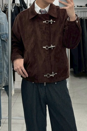 消防釦 解構拼接 短版麂皮夾克