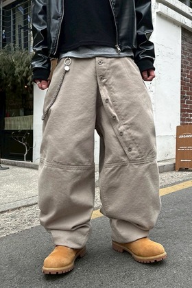 排釦原牛 斜襬長釦 氣球寬鬆牛仔褲