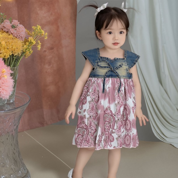 甜美復古風牛仔拼接連身裙｜90&ndash;110cm