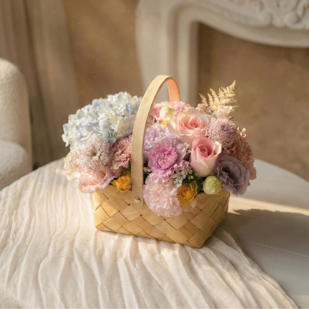南法假期 - 法式粉玫瑰繡球手提花籃