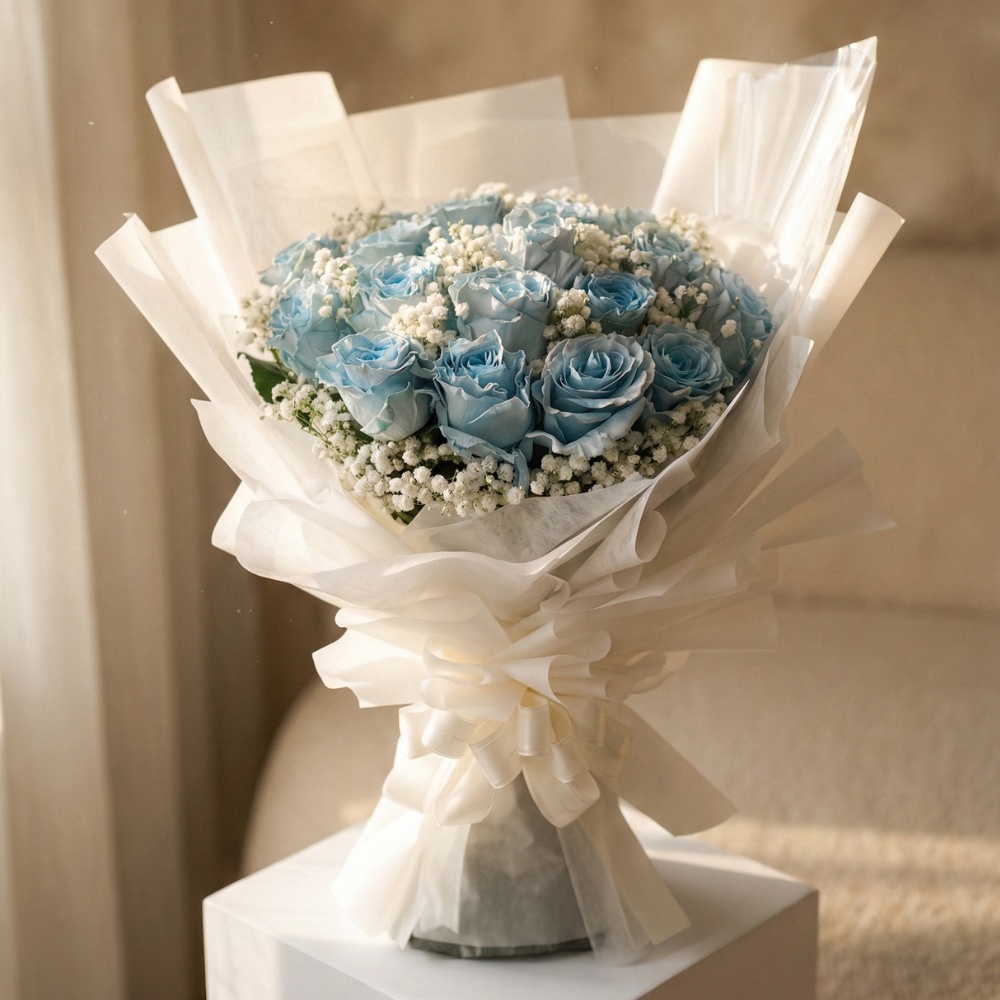 藍色風暴 - 夢幻碎冰藍玫瑰花束