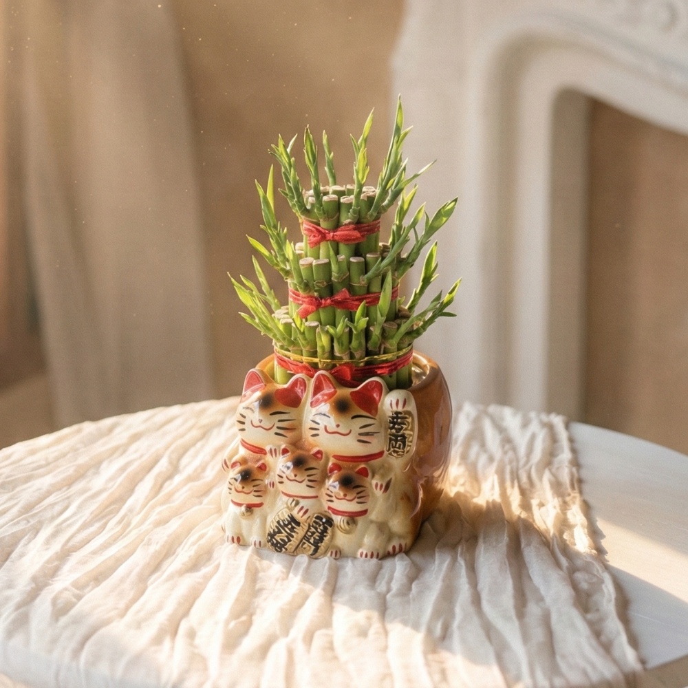 小五福 - 招財貓開運竹盆栽