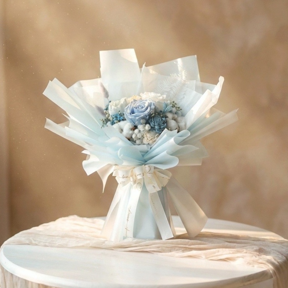 海鹽蘇打 - 清新藍色永生玫瑰棉花花束