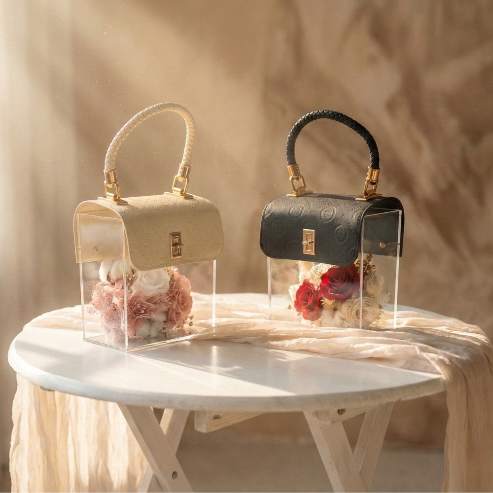 水晶之戀 (白) - 時尚白皮革手提粉玫瑰永生花盒