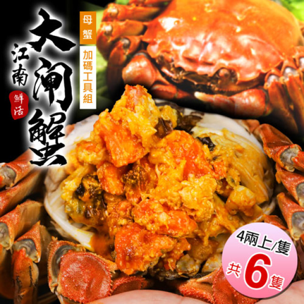 有蛋蟹黃活體江南(母)大閘蟹6隻(4兩上/隻，加碼工具組)