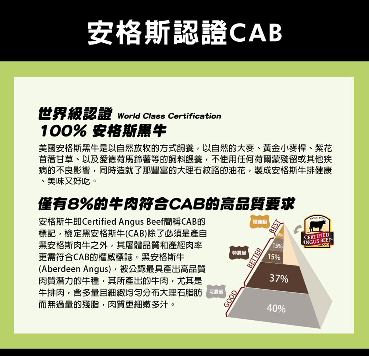世界級認證CAB,嚴選高品質牛肉,量多且細緻均勻分布的大理石油脂。