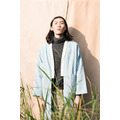 丹寧系列│和服罩衫│耳機孔設計│條紋白│ Denim kimono