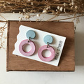 皮革耳環│耳針式│大圓3號作品│薄荷綠配櫻花粉｜Leather Earring