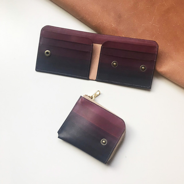 植鞣革短夾｜4卡｜分離式零錢袋｜木莓漸層灰藍