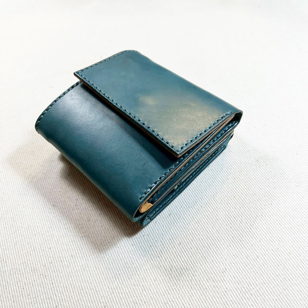 植鞣革三折短夾｜5卡鈔票層｜口金零錢包｜文青藍