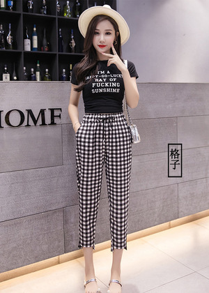 黑白格子鬆緊帶舒適九分褲