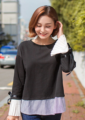 拼接條紋長袖寬鬆上衣