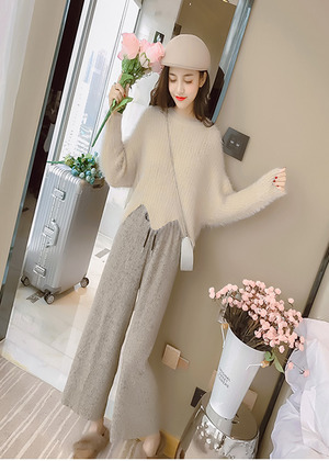 韓版收腰百摺寬鬆顯瘦九分寬褲