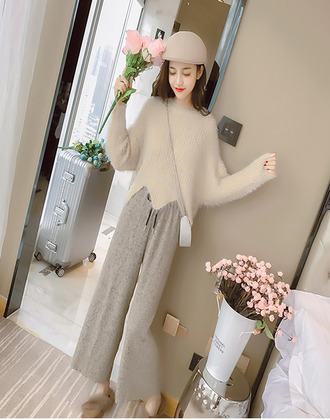 韓版收腰百摺寬鬆顯瘦九分寬褲