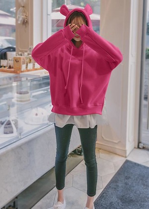 時尚白邊拼接倉鼠耳朵假兩件上衣連帽大學帽T