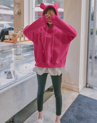 時尚白邊拼接倉鼠耳朵假兩件上衣連帽大學帽T