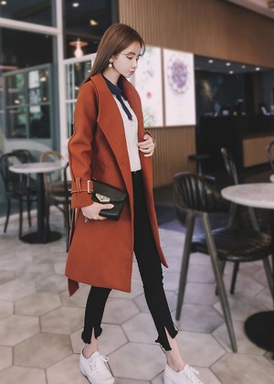 韓流繫帶毛呢風衣