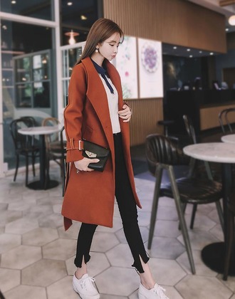 韓流繫帶毛呢風衣